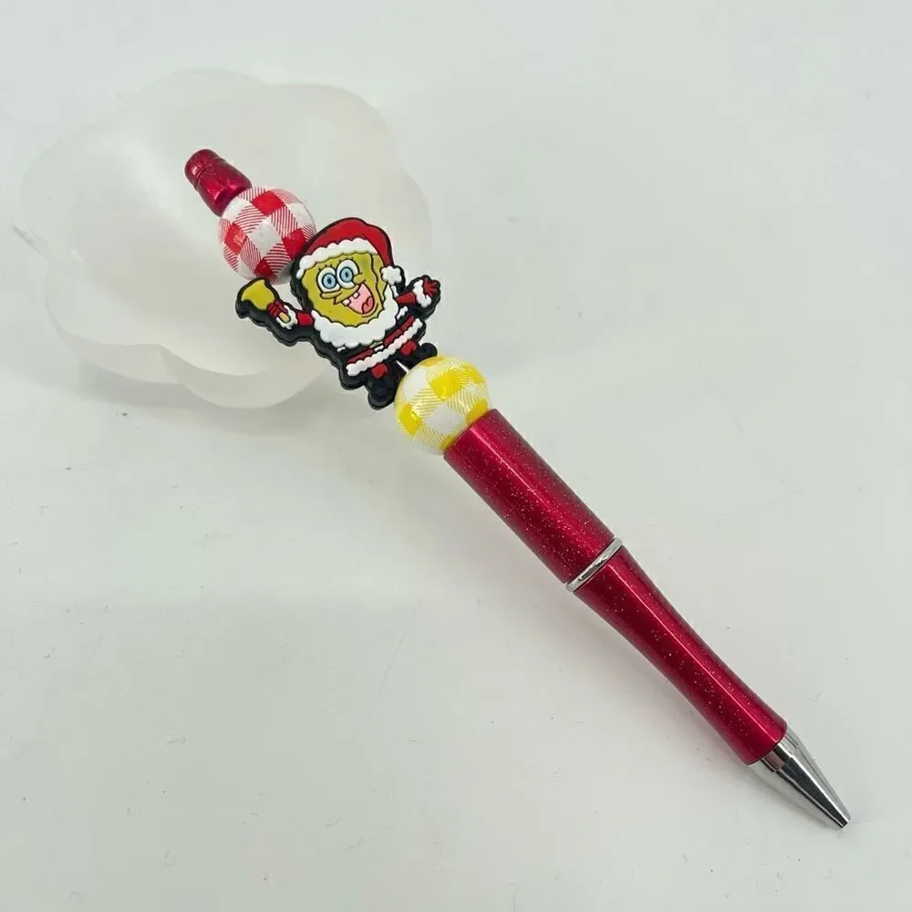 SpongeBob Christmas Santa pen handmade NEW bell yellow red glitter metallic whit
